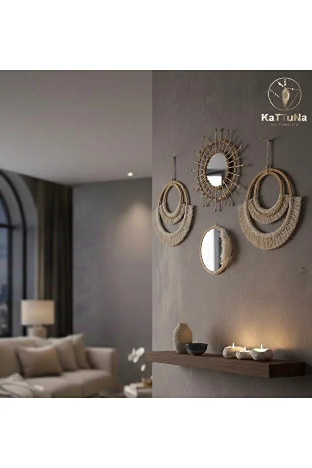 Makrome Bambu Ve Ahşap Ayna Duvar Dekorasyon Ürünü 4’lü Set